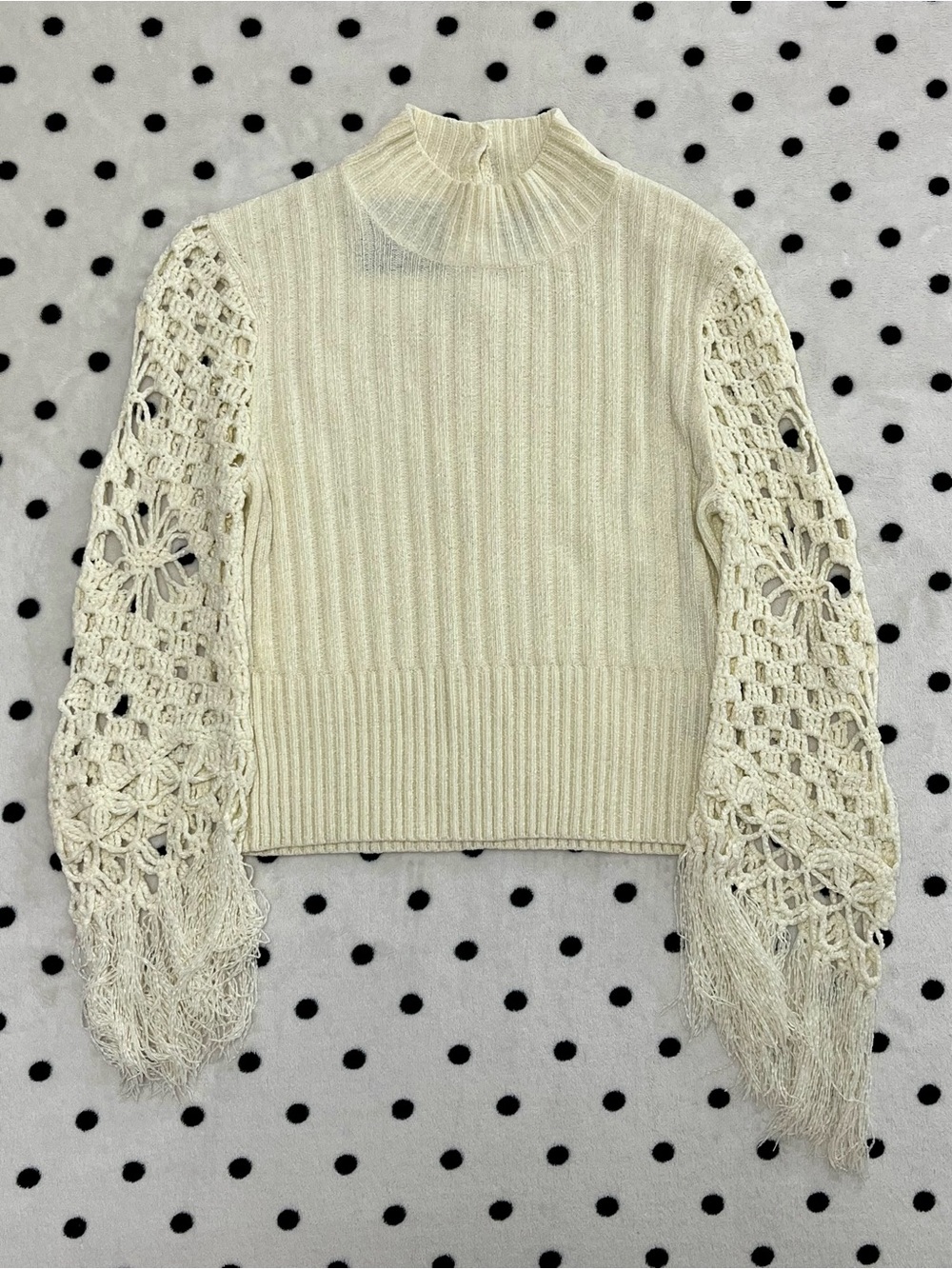 Michael Simon Y2K Crochet Fringe Sleeve Mock Neck Sweater Size S